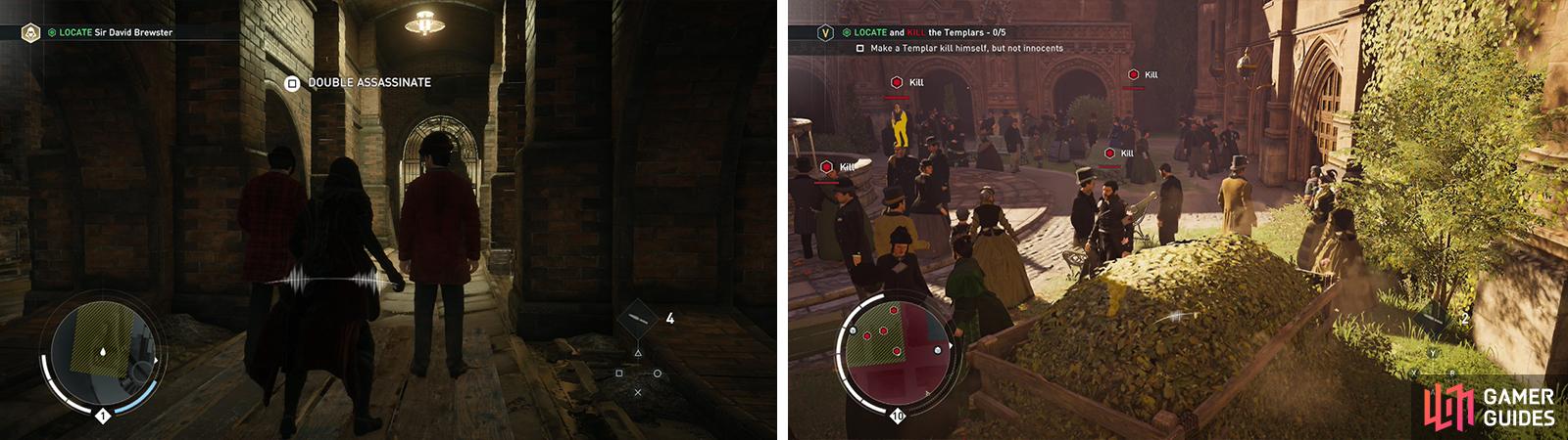 Approach a pair of enemies to perform a double assassination (left). Assassinating from a hiding spot is a great way to deal with patrolling enemies (right).
