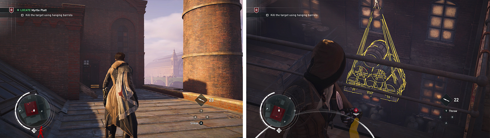 Enter the building via the rooftop entrance (left). When the target goes to inspect the body, kill her with the barrels (right).