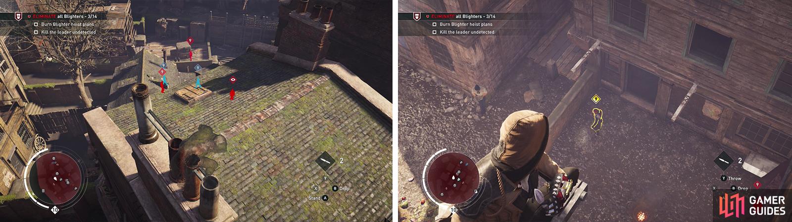 Tag the enemies using Eagle Vision from the rooftops (left). Use knives or an air assassination to kill the Leader undetected (right).