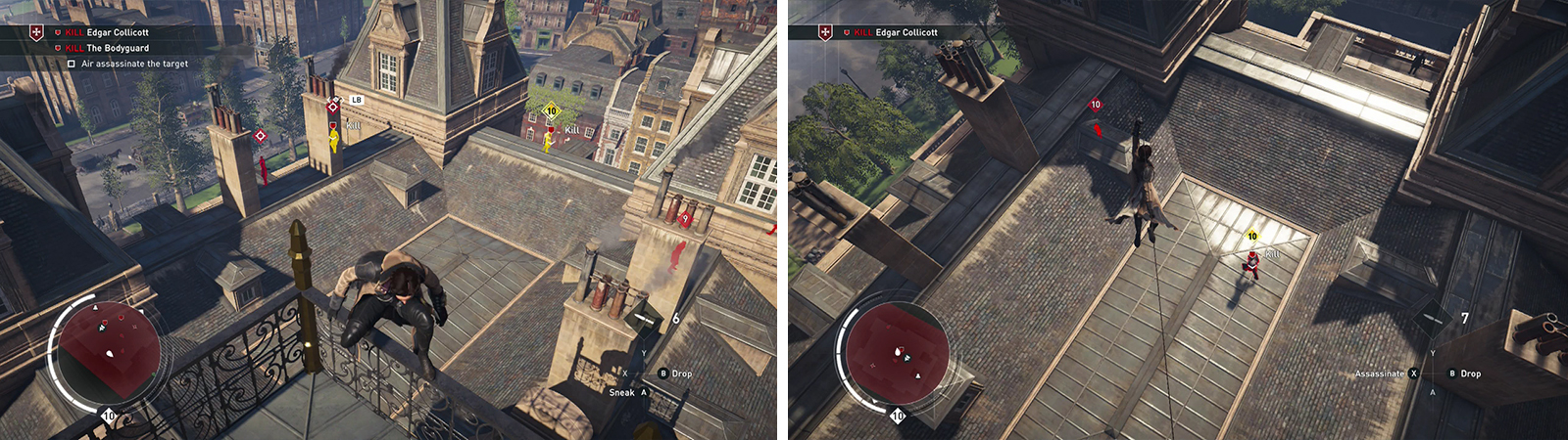 Both targets can be found on the roof (left). Use your Rope Launcher to air assassinate them via zip lines (right).