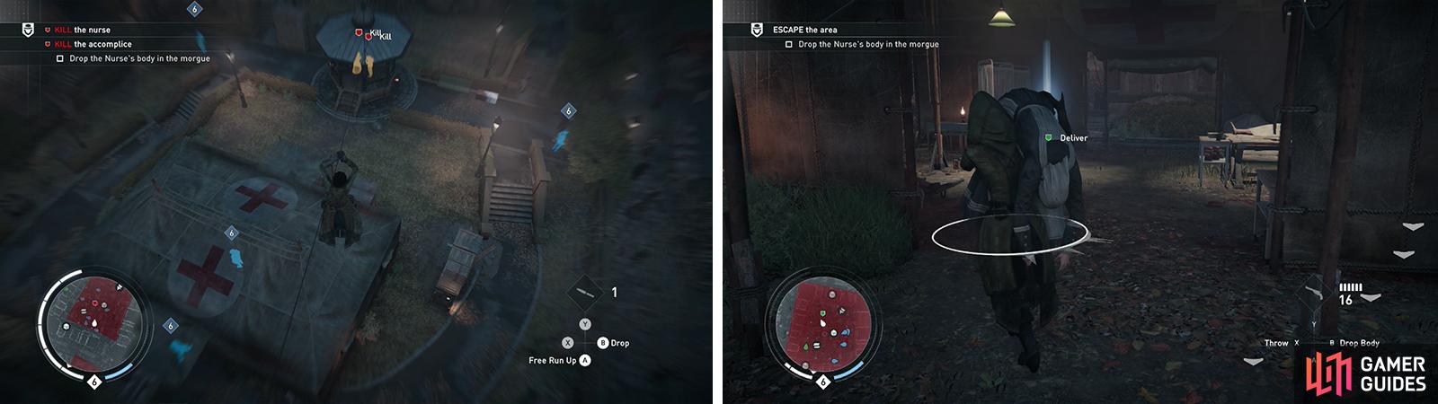 The targets will occasionally come together in the gazebo (left). After killing them throw the nurse’s body in the morgue for the optional objective (right).