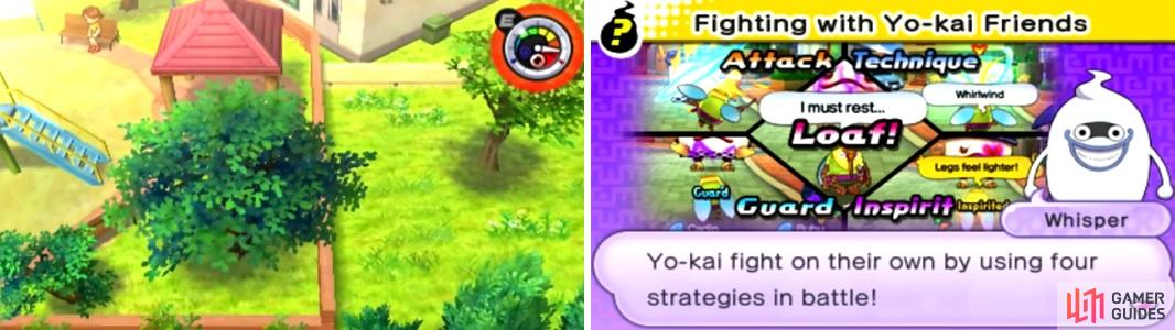The radar in the upper right will indicate when a Yokai is near (left). You have no control over what a Yokai does during battle (right).