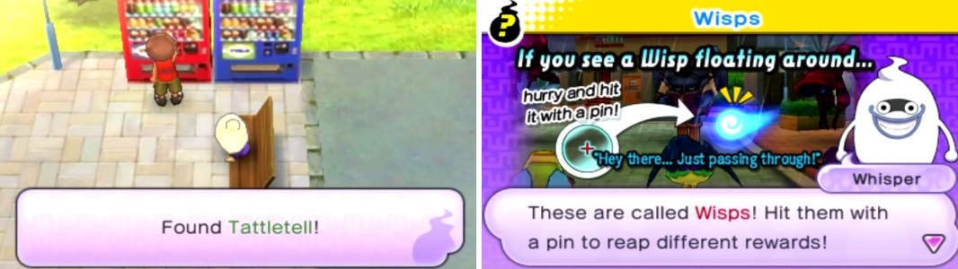 Tattletell (left) will be your first healer, who will be a great help. If you see a wisp during battle (right), use Target to hit it with a pin to get a random reward.