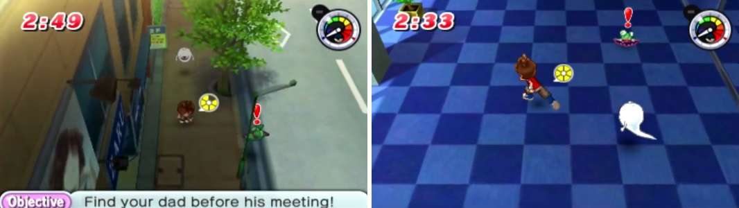 Not only do you have to dodge Wazzats in the town area (left), but there will be a few in the lobby of the office building (right).