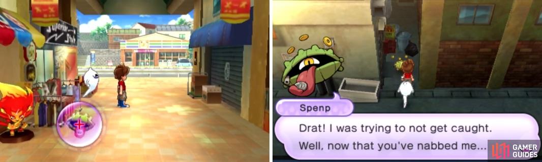 The Spenp Yokai you need to defeat can be found in front of the toy shop (left) and in the Shopping Street Narrows alley (right).