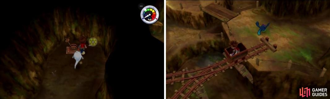 Make sure the switch in the upper left of the tunnel (left) is facing right before you use the minecart (right) to reach the area with Mad Mountain.