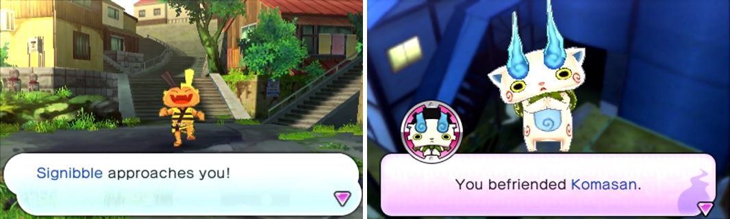 If you see a Yokai approach after a battle (left), then you will be able to befriend them (right).