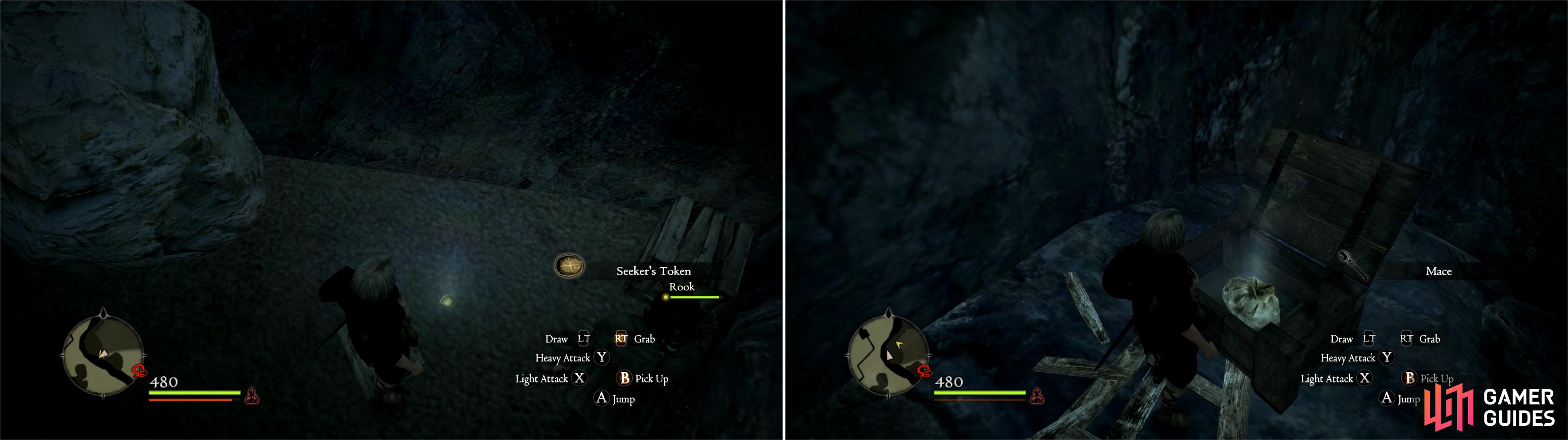 Further along the shore you can find some more treasure, including some Seeker’s Tokens (left). Scale the nearby rocks to find some treasure chests containing some welcome loot (right).