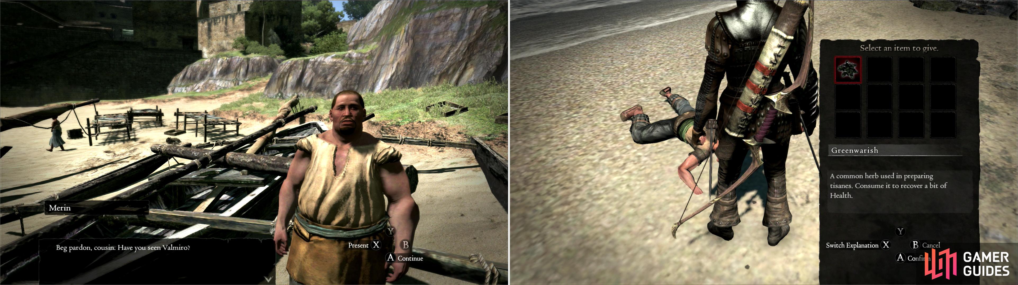 Find Merin around town and he’ll ask you to go find the wayward Valmiro (left). The reckless would-be explorer can be found first on the beach of Seabreeze Trail (right) and later near the Encampment. Provide him Greenwarish to revive him.