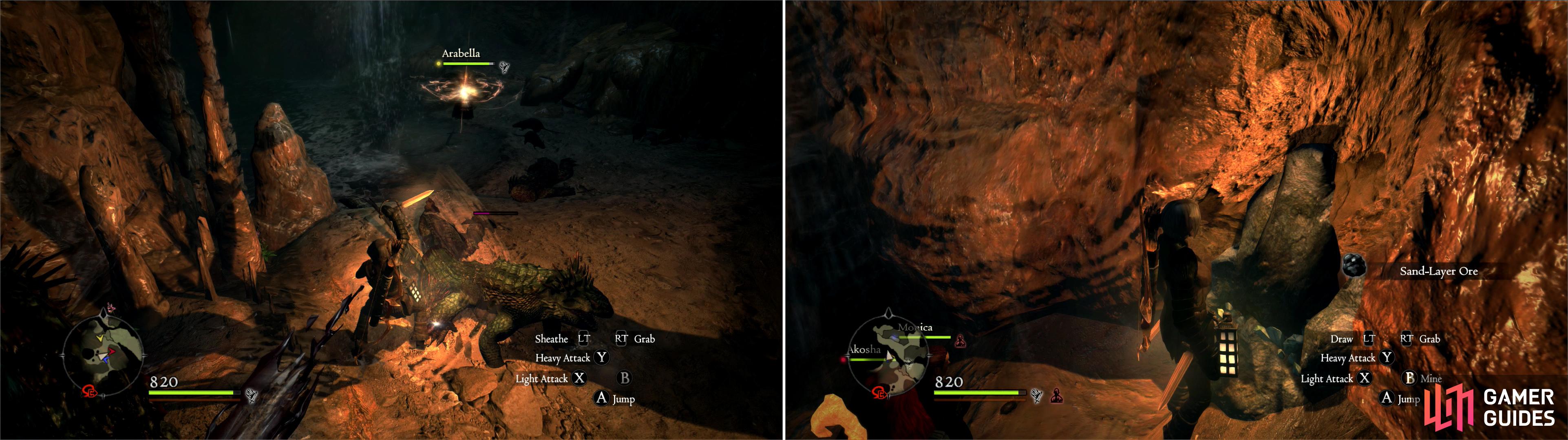 Hack apart the Saurians dwelling in the caves under Cassardis (left). While down here, mine the ore veins to obtain some rare Sand-Layer Ore (right).