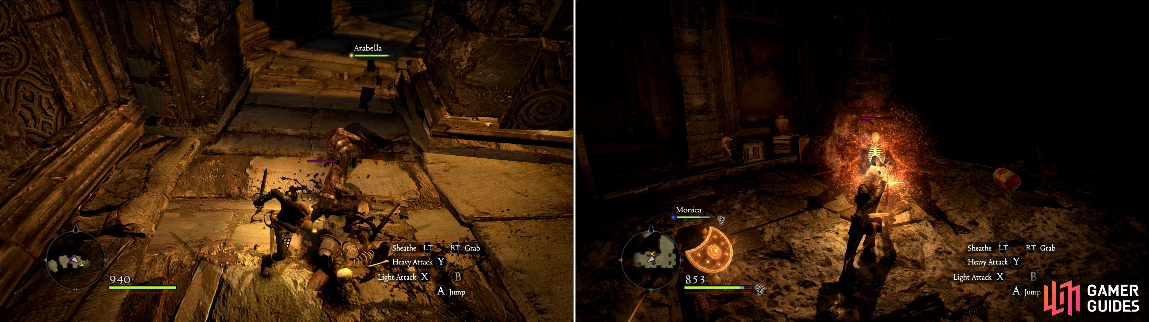 Undead Warriors will by playing possum on the spiraling ramp leading to the depths of the Everfall (left). More undead - in the form of Skeletons - also lurk in the Everfall (right).