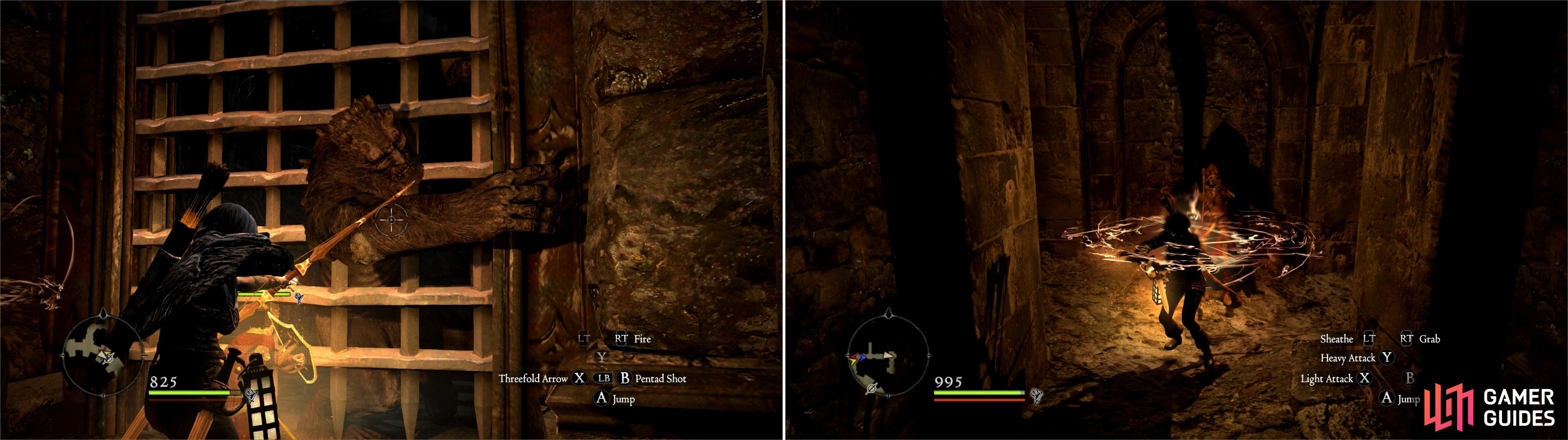 The gate will keep the Ogre beyond at bay, allowing you to kill it with ranged attacks (left). Skeleton Mages, however, are not impeded by range (right).