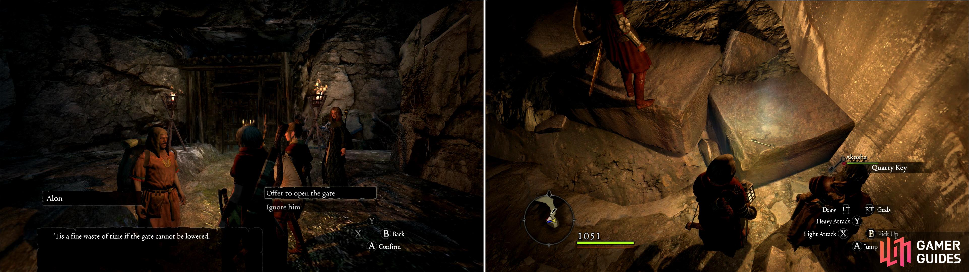Find Alon outside of the Ancient Quarry and agree to help him clear the way (left). Shortly inside the quarry you’ll find the Quarry Key, which opens up some side-passages (right).