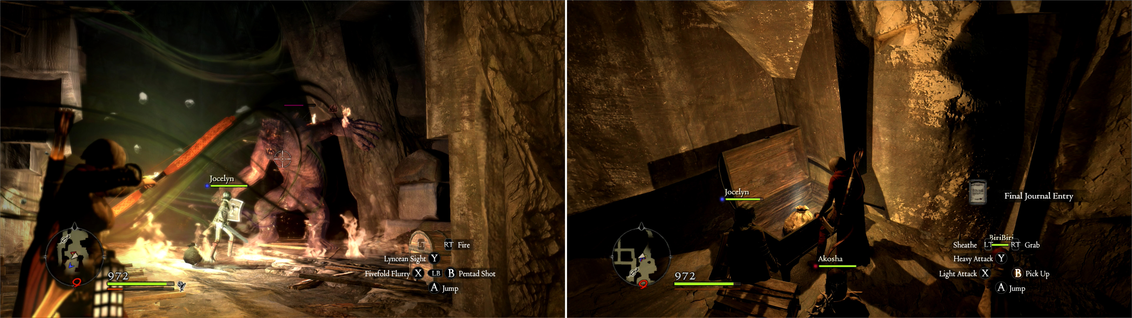 The real threat inside these mines are a trio of Ogres, the first of which (left) guards a pressure plate that opens a gate leading ot the rest of the quarry. After dealing with the first Ogre, loot a rounded chest to find the Final Journal Entry (right).