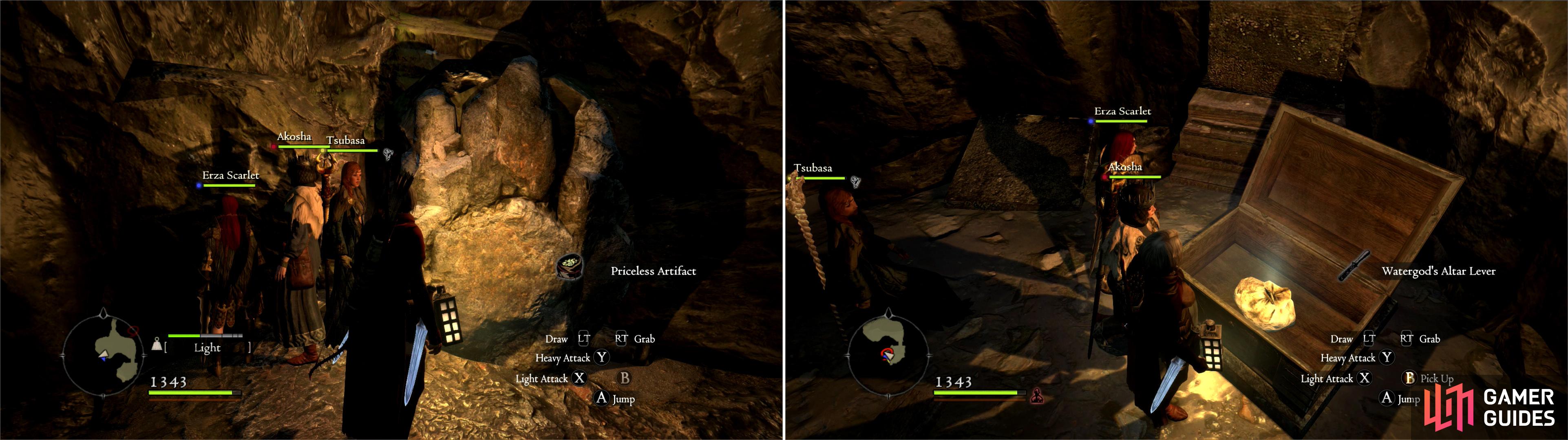 In the Saurian cave you’ll find an ore vein which can yield Priceless Artifacts (left). Pick up the Watergod’s Altar Lever, which is the key to progressing deeper into the temple (right).