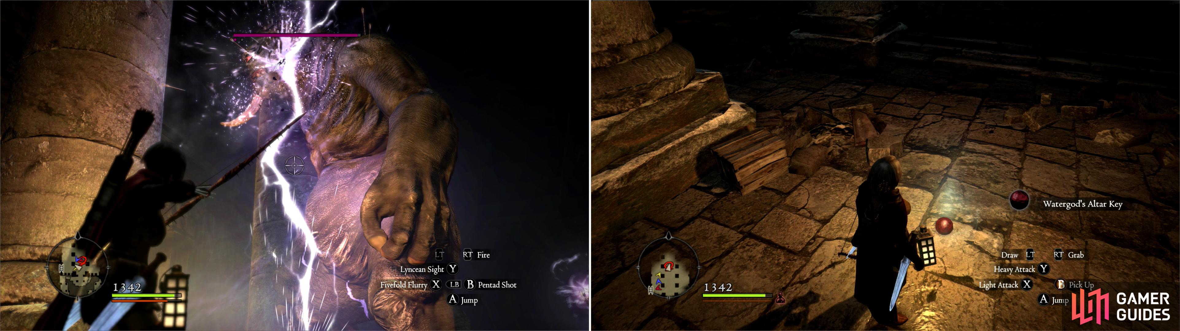 Dispatch a Cyclops in the Offering Chamber (left) then pick up the Watergod’s Altar Key (right).