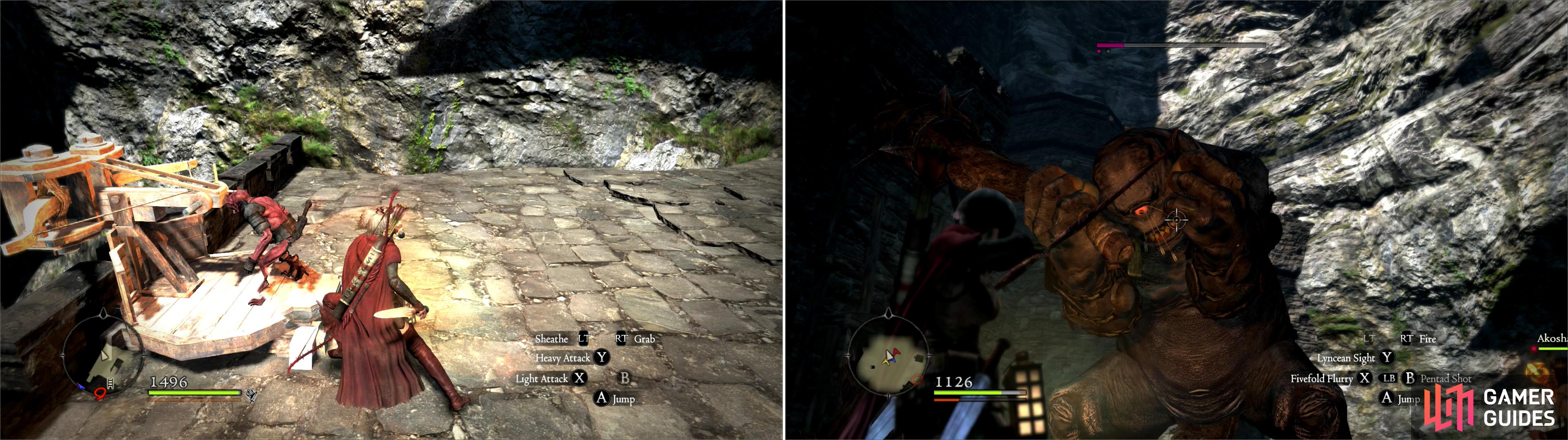 Leap a gap and kill more Goblins, particularly the one manning a ballista (left) then descend into the courtyard and battle a pair of Cyclops (right).