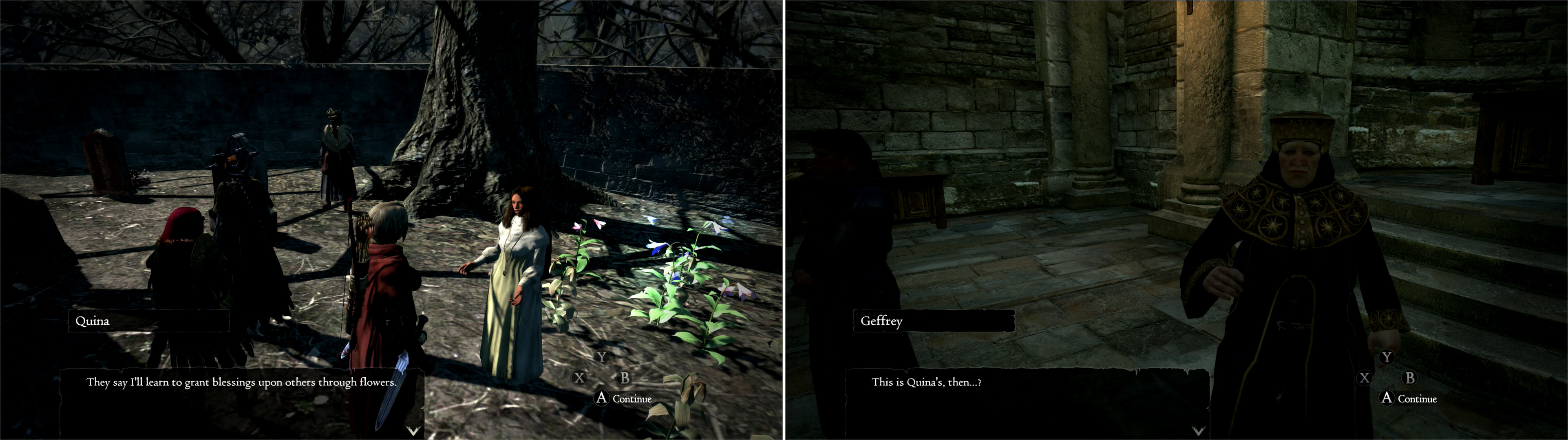 Talk to Quina at the Abbey in the Wilted Forest (left) then deliver proof of her talents to Geffrey in Gran Soren (right).