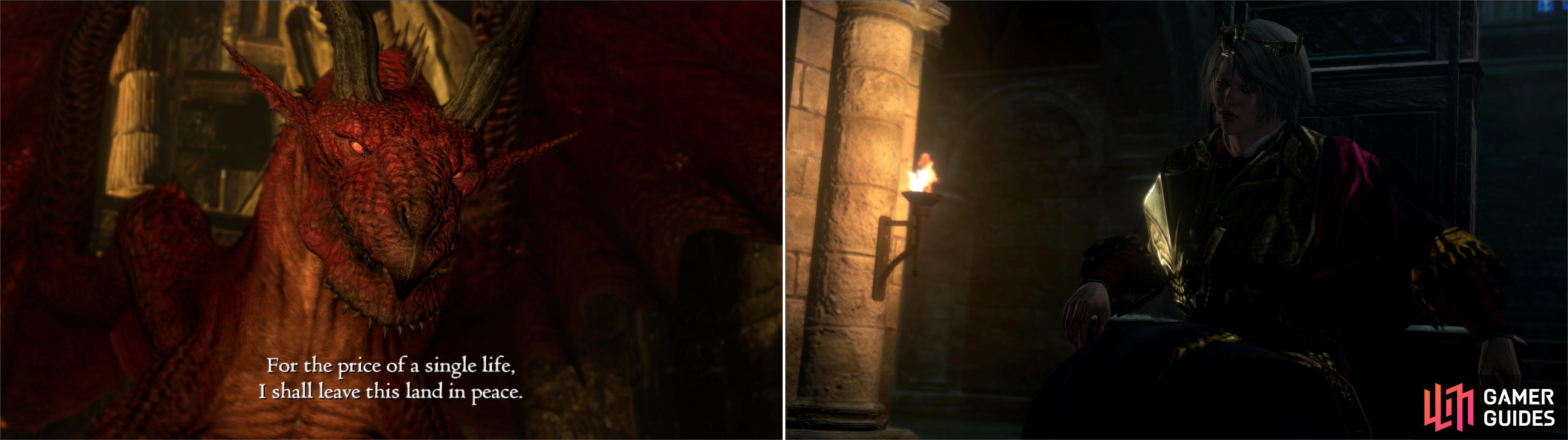 Accept the Dragon’s offer (left) and you can follow in the Duke’s footsteps as ruler of Gransys (right).