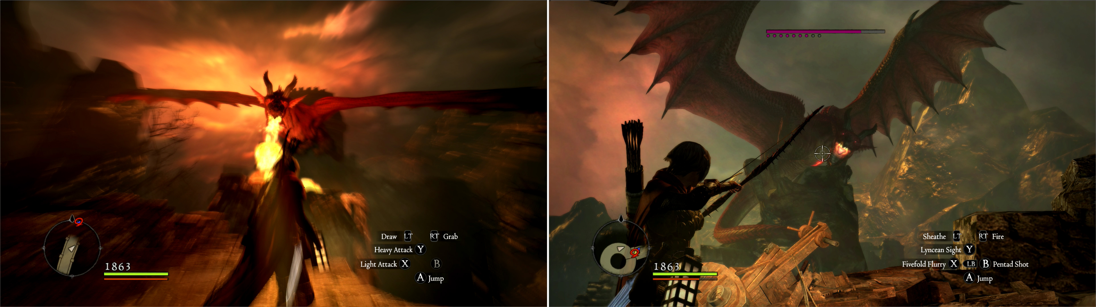 Move across the collapsing bridge as the Dragon makes fiery fly-by attacks (left). If you’ve got a ranged weapon, you can drive the Dragon off its roost (right).