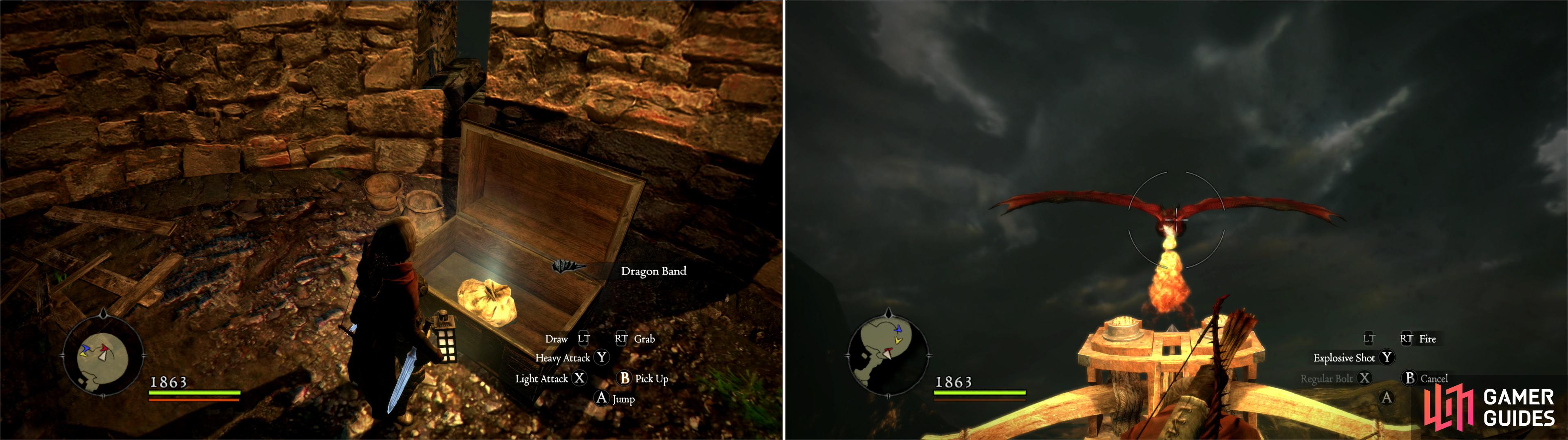 Don’t neglect to pick up loot as you chase the Dragon, as there’s plenty of fine gear to be found (left). Man a ballista and shoot the Dragon as it approaches (right).