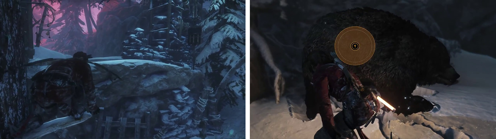 Climb up to the upper ledge by the camp (left). After encountering the bear run away until you fight it - press the button prompt to end the fight (right).