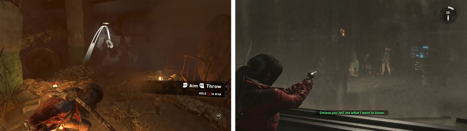 Use a lantern to destroy the canvas blockage (left). In the next room, Lara will grab a gun, use this to shoot the enemies through the glass (right).