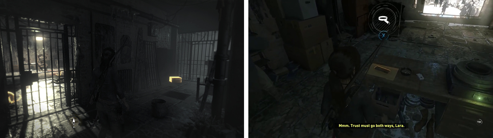 before leaving the cell area, look for Relic 06 to the right of the doorway (left). In the room with the projector you’ll find Document 12 (right).