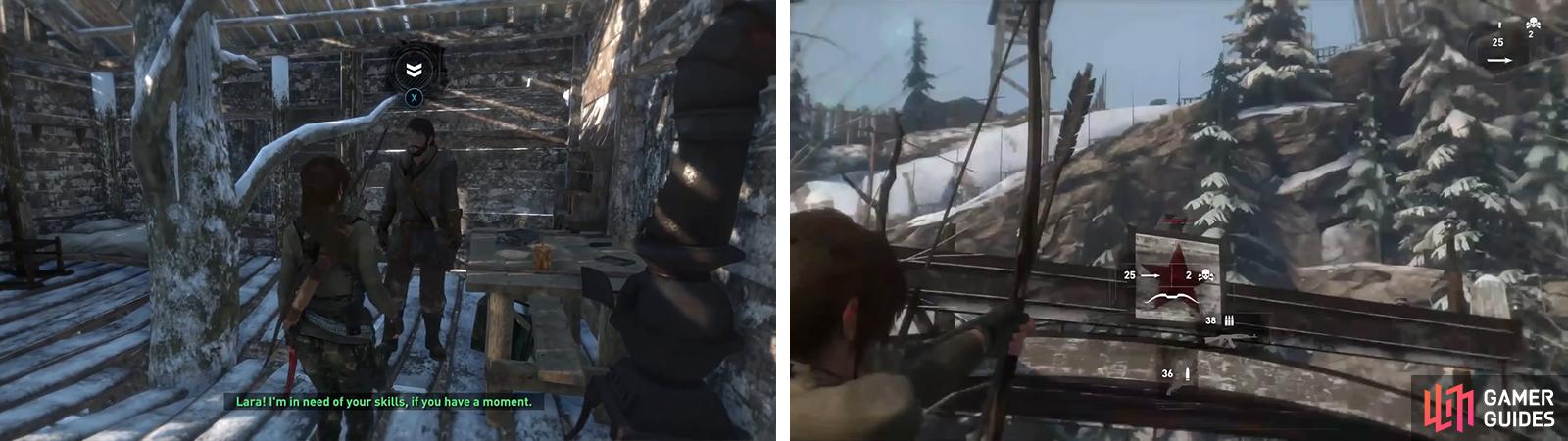 Accept the mission from the ‘Logging Camp’ Base Camp (left). You’ll find the target bird atop the gate here (right).