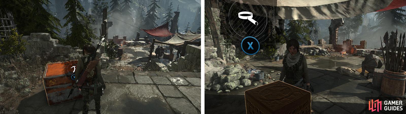 When you reach the Geothermal Valley grab the Strongbox (left). Beneath the white tent you’ll find Relic 01 (right).
