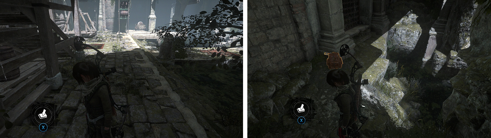 Survival Cache 03 is on the right side of the puzzle room (left). Swim through the underwater tunnel nearby to find Survival Cache 04 and an Explorer’s Satchel (right).