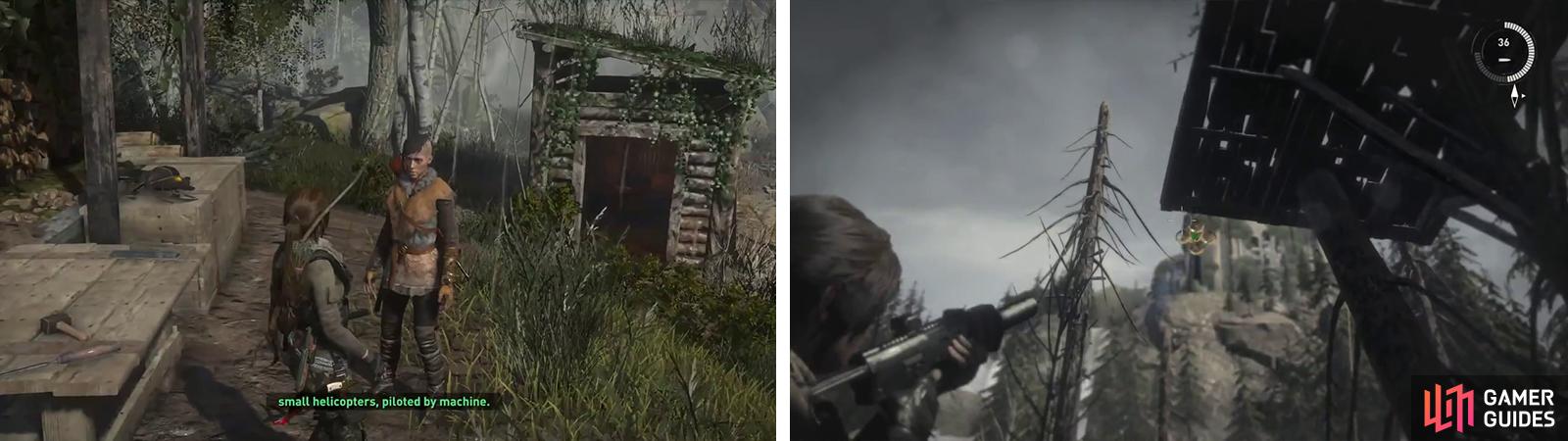 After accepting the side-mission (left) hunt down and shoot the drones (right).