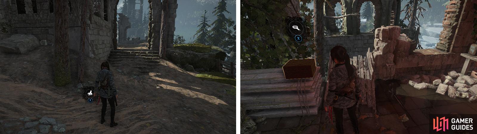 Between the sets of curved stairs you’ll find Survival Cache 10 (left). At the top of the large ruin is Relic 05 (right).
