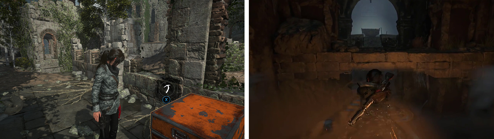 Find Strongbox 04 north of the ruins (left) and continue into the first Crypt at the end of which you’ll find Crypt Treasure 01 (right).