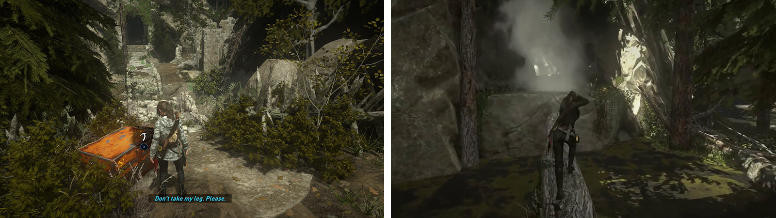 Grab Strongbox 05 (left) before dropping into the water below. Swim to the left to find the entrance to a Challenge Tomb (right).