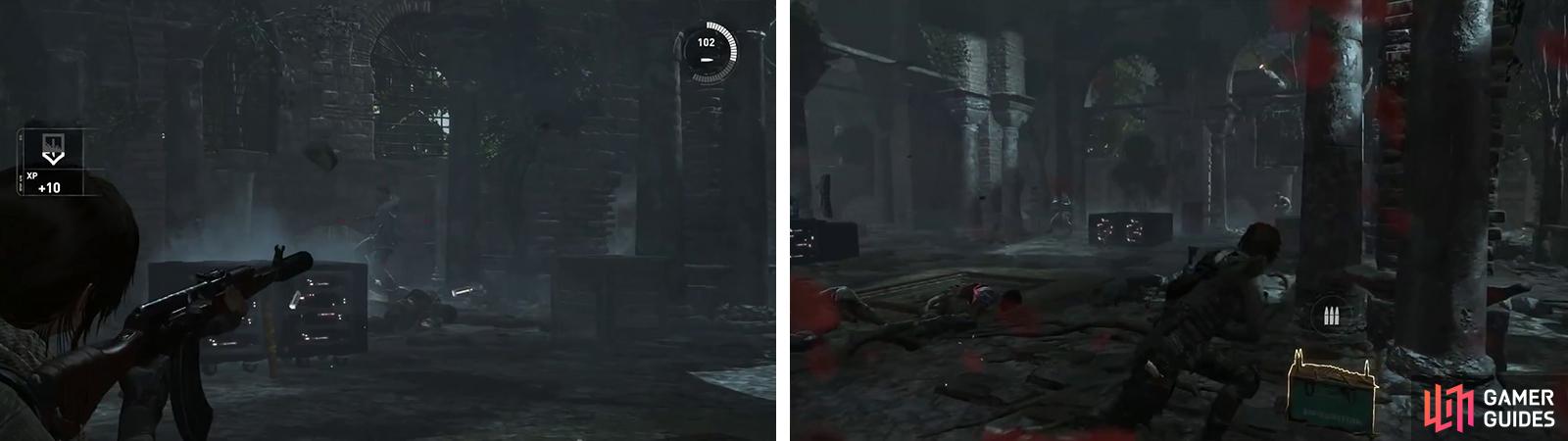 In the final room, you’ll be able to attack three enemies first (left) before waves of enemies will stream into the room (right).