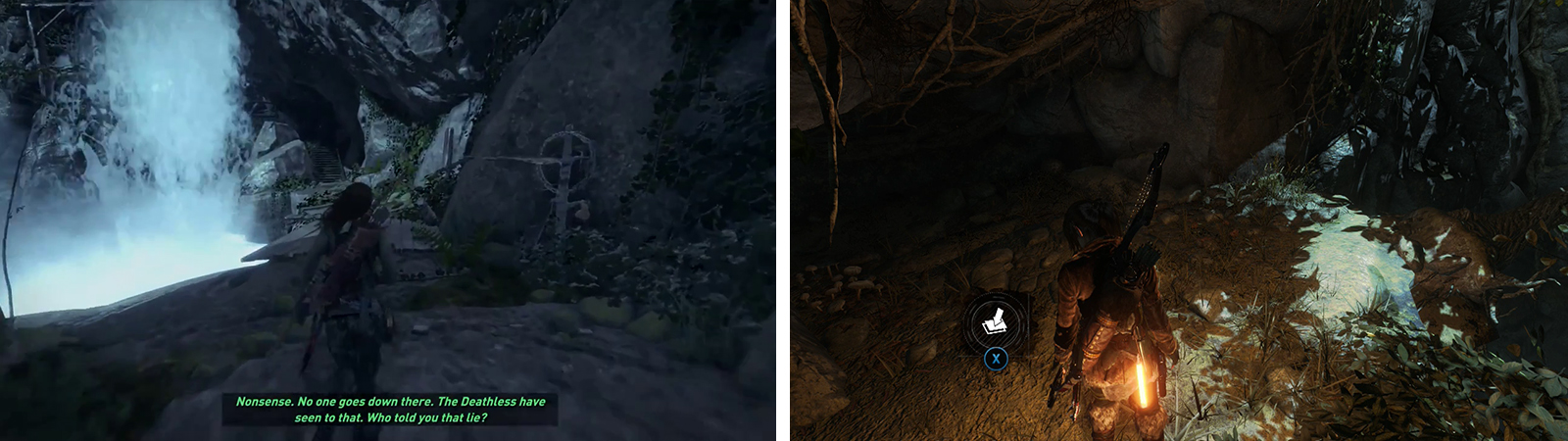 The entrance to the Challenge Tomb can be found behind the waterfall (left). Look out for Survival Cache 11 as you proceed towards the puzzle room (right).