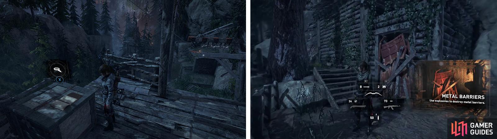 Document 18 can be found on a ledge requiring the grapple axe to reach (left). Strongbox 07 is hidden behind the blocked door (right).