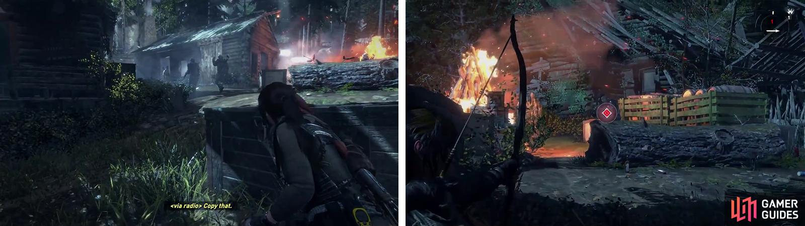 Wait for the patrollers to move left and hit them with a Poison Arrow (left) before taking out the other enemies either stealthily or with your weapons (right).