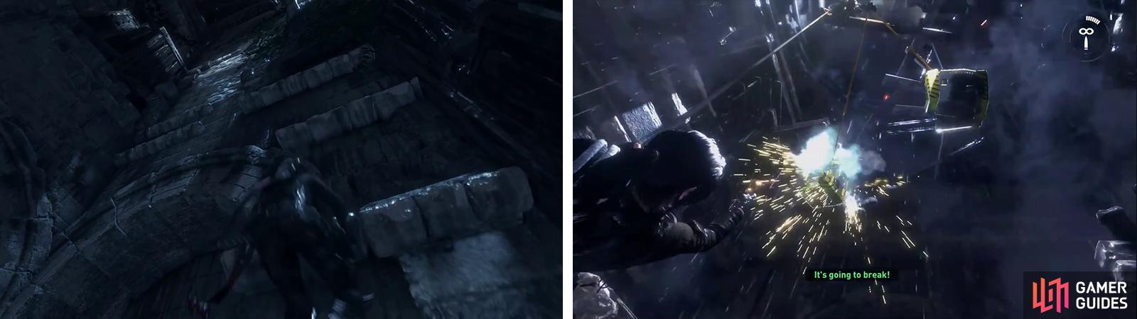 Climb to the top of the cathedral’s interior (left). During the cut-scene, shoot the generators (right) to continue.