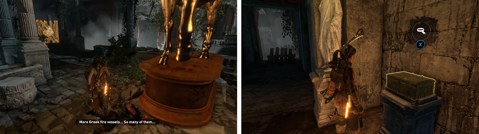 Use Rope Arrows to pull down the barrier (left). Swing across the gap and avoid the trap before looting Relic 02 (right).