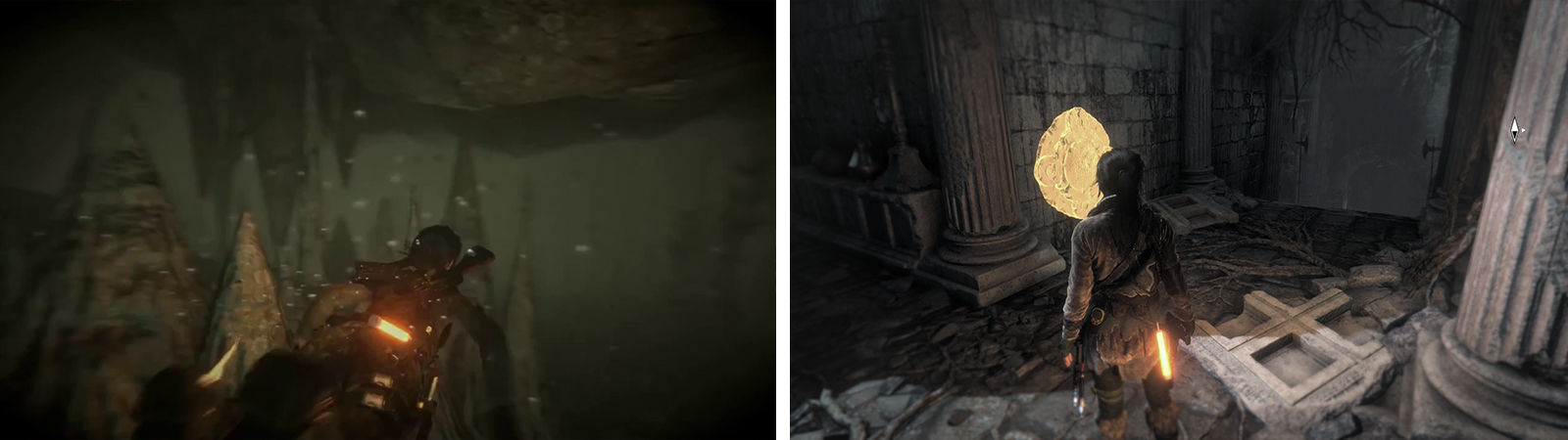 Swim through the underwater tunnels until you can surface (left). Here you can find Strongbox 01 and Mural 02 (right).