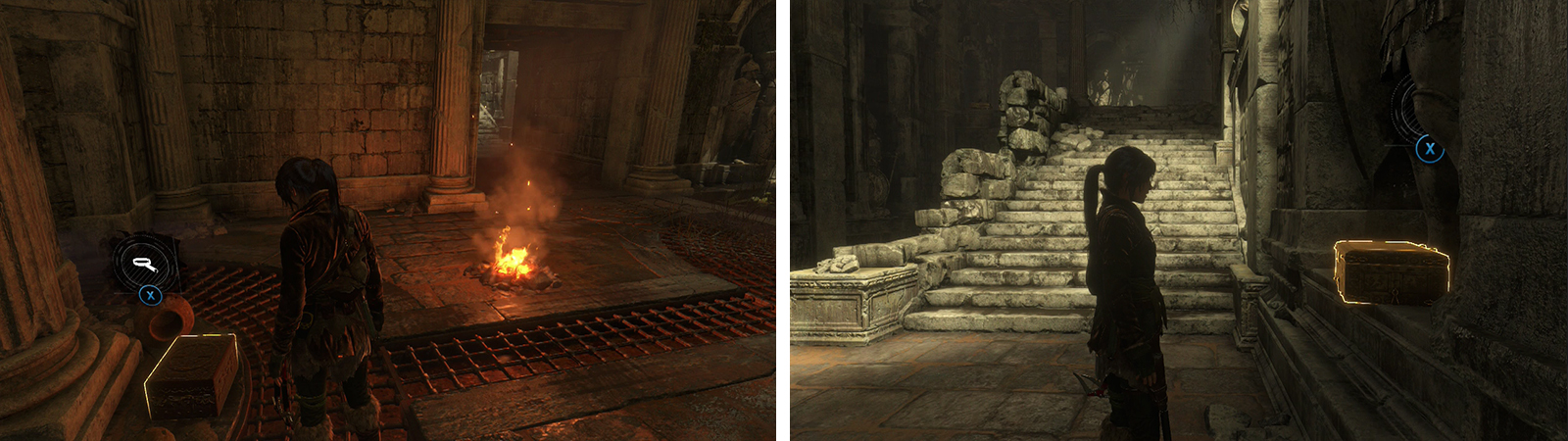 Relic 12 can be found by the Base Camp (left) and Relic 13 is found in the next room at the base of the set of stairs (right).
