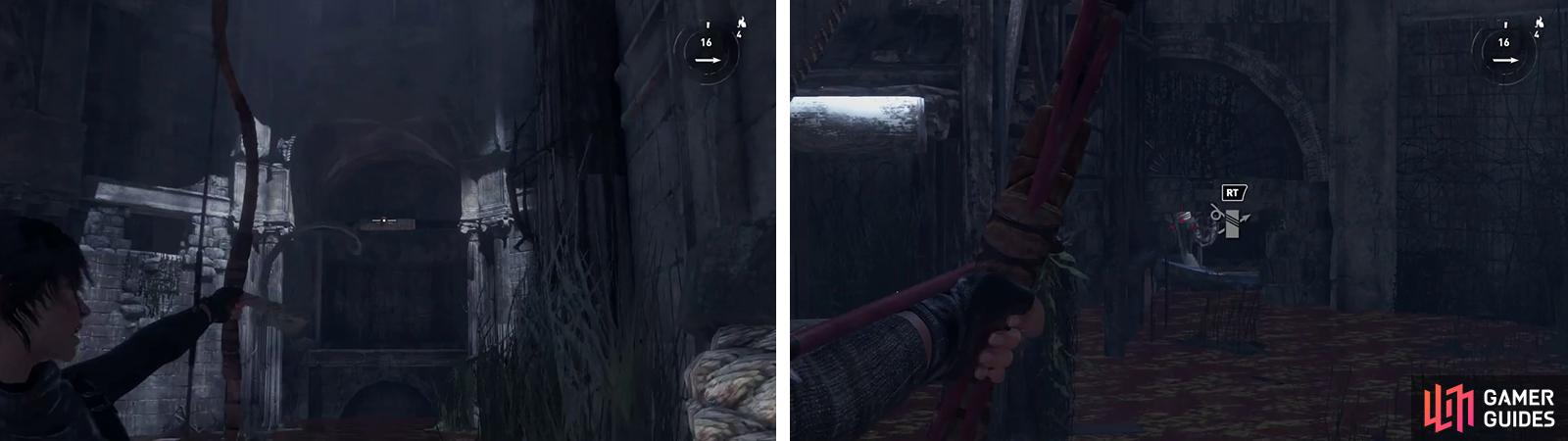 Use the Rope Arrows to draw the boat to the far ends of the room (left). Inside, use the switch to lower the water and then use a rope Arrow to attach it to the boat (right).