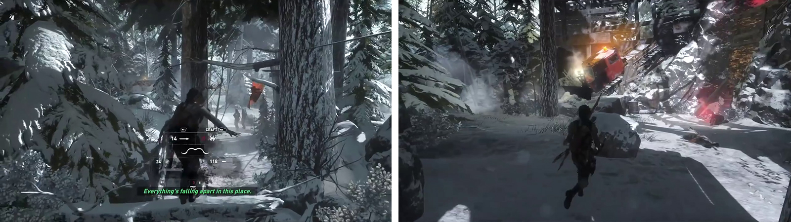 There are numerous enemies in the first stealth encounter (left). take out as many as possible form above. Afterwards, look behind the crashed snow plough (right) for an Archivist’s Map.