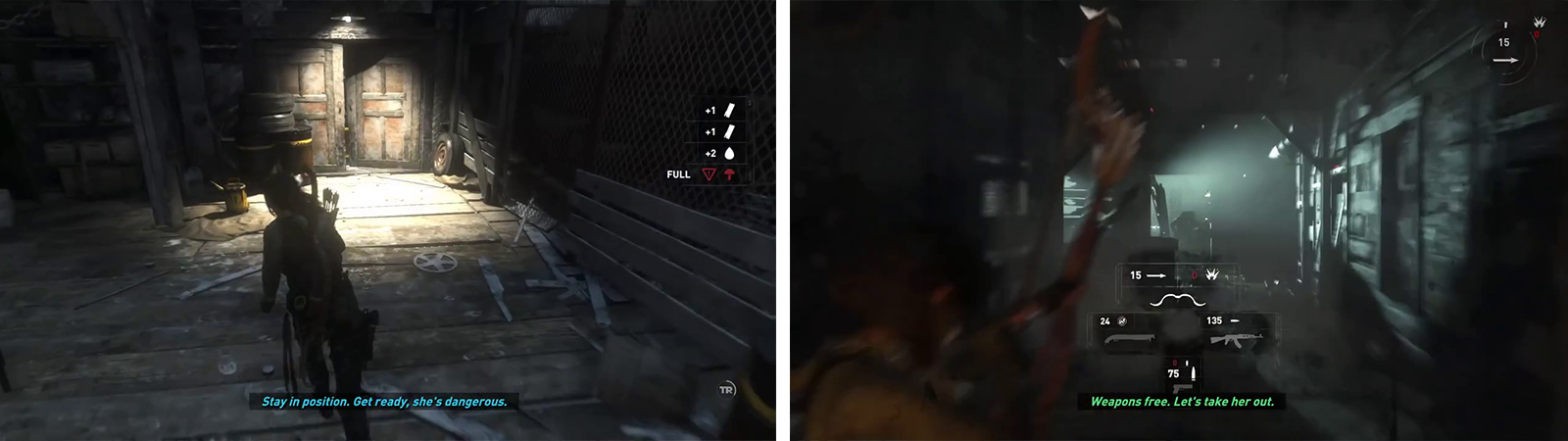 Enter the doorway behind the Base Camp when you are ready to continue (left). Fight your way through the building (right) until a scene plays.