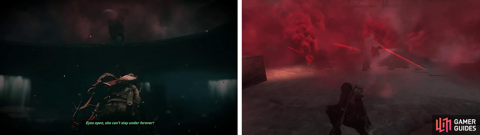 Use the holes in the ice to swim up and take down enemies (left). You can also hop out and use the smoke as cover to perform hit and run attacks (right).