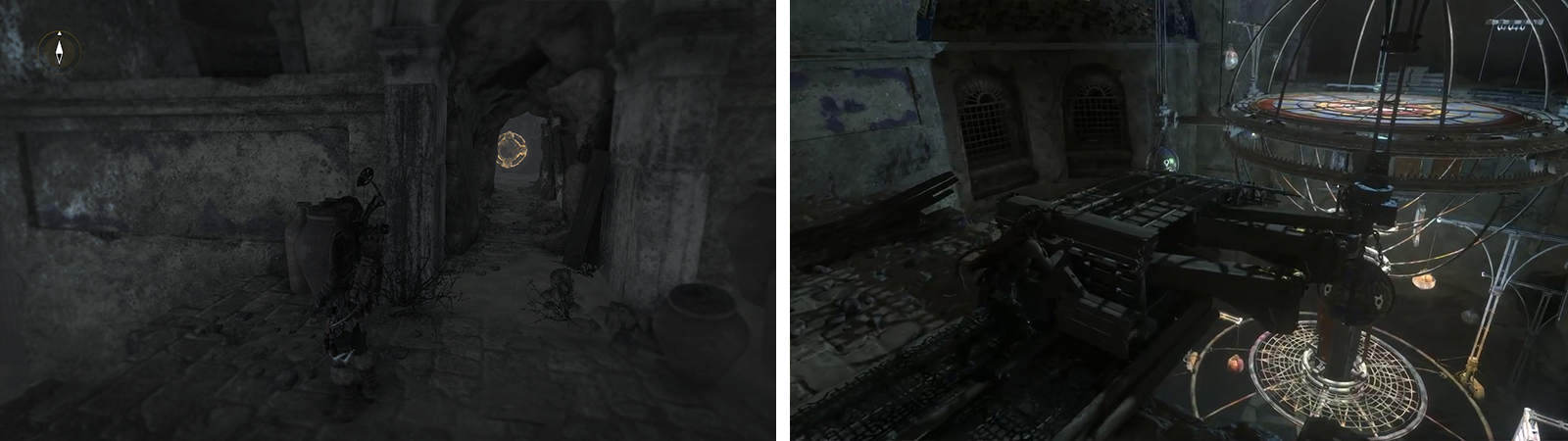 Enter the tunnel to find Mural 01 (left). Push the second lever (right) to activate the mechanism.