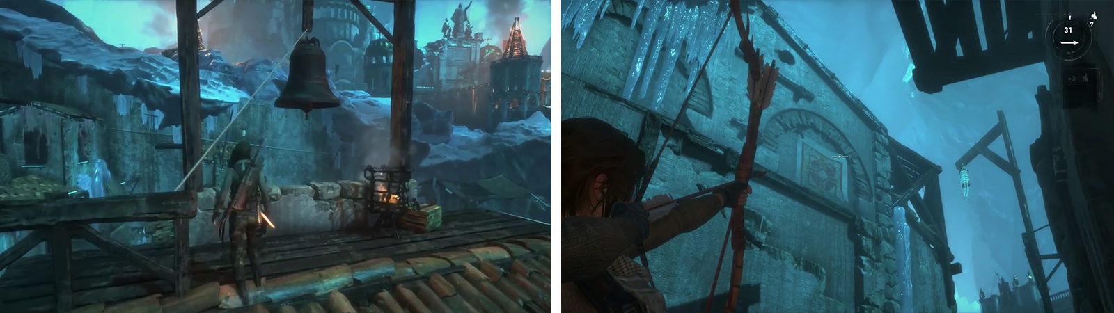 As you explore the area search for bells to cut down (left) and Banners to burn (right) for the area challenges.