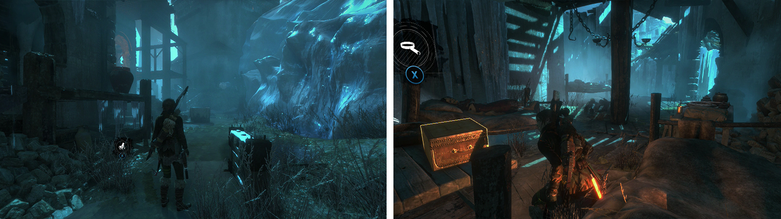 After deciphering the Monolith, Coin Cache 01 is nearby (left). Relic 01 (right) can be found in a building at the base of the stairs by where we ziplined into the area.